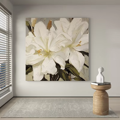 Botanical Painting Of White Flowers As Wall Decor In Modern Home Interior 3d model