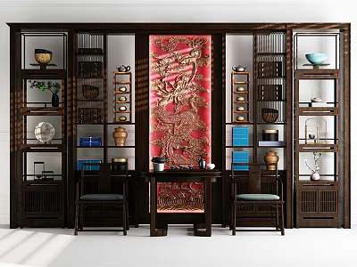 Traditional Chinese Dark Wood Curio Shelf With Antiques Vases Red Embroidered Painting And Table Chairs 3d model