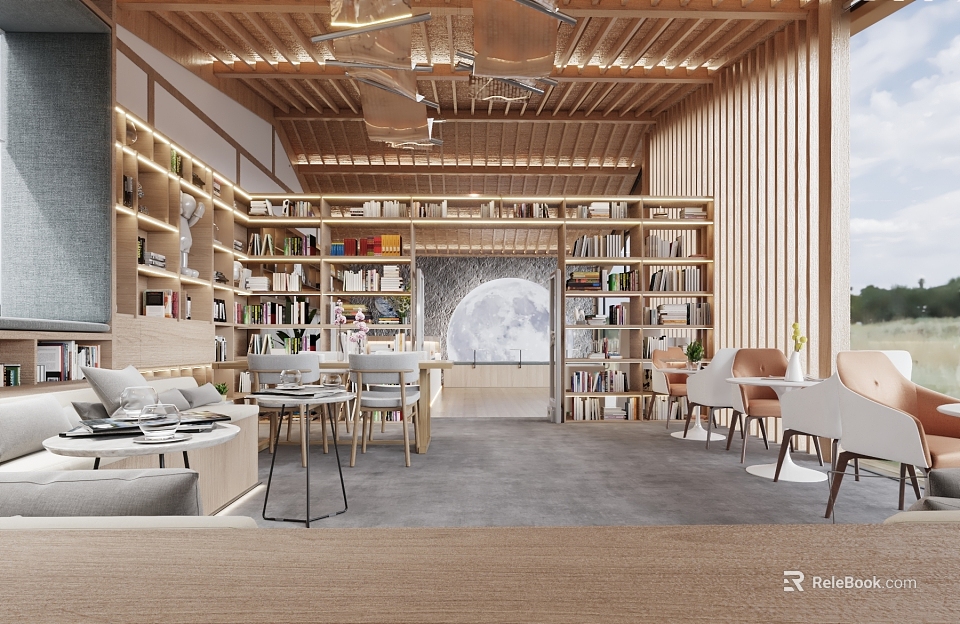 Modern Book Art Themed Interior Space With Bookshelves And Chairs 3d model 
