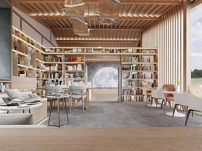Modern Book Art Themed Interior Space With Bookshelves And Chairs 3d model