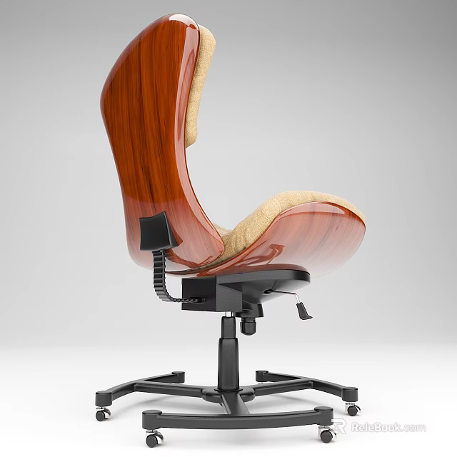 Ergonomic Wooden Office Chair With Light Colored Cushion And Black Base Wheels 3d model 