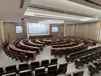 Modern Conference Room Interior With Circular Seating And Large Projection Screens 3d model