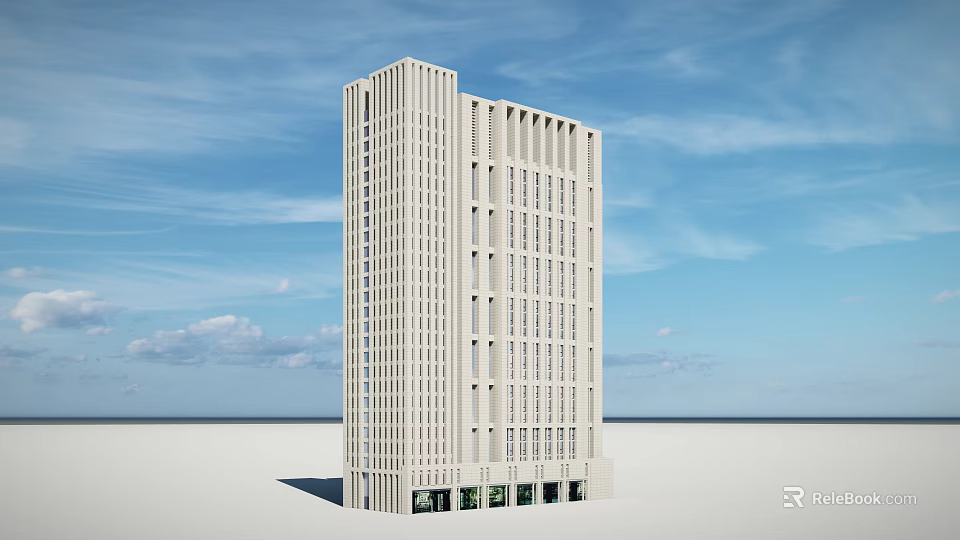 Modern White High Rise Office Building With Many Windows Against Blue Sky 3d model 
