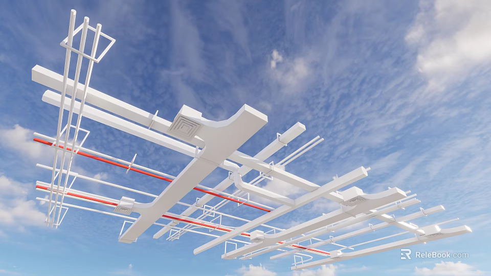 Fire Fighting Pipe System with White and Red Pipes Against Blue Sky Background 3d model 