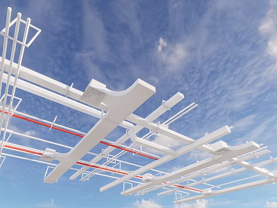 Fire Fighting Pipe System with White and Red Pipes Against Blue Sky Background 3d model