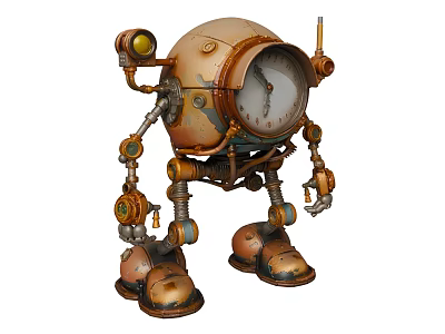 Steampunk Robot Character with Clock Face Mechanical Parts and Rustic Vintage Metal Design for Game 3d model