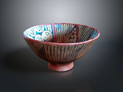 Decorative Ceramic Bowl With Colorful Geometric Patterns And Stripe Details On Stable Base 3d model
