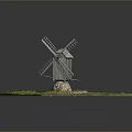 Detailed Windmill Model With Wooden Structure On Green Grass And Stone Foundation