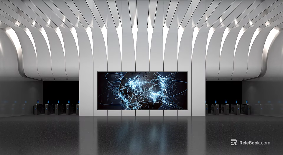 Modern Exhibition Hall With Curved Ceiling Soft Lighting Large Digital Art Screen And Reflective Floor 3d model 