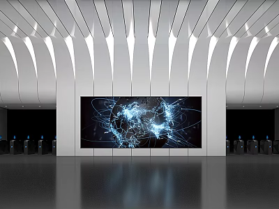 Modern Exhibition Hall With Curved Ceiling Soft Lighting Large Digital Art Screen And Reflective Floor 3d model