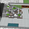 Modern Plaza Landscape With Geometric Seating Green Plants And Pedestrian Activity