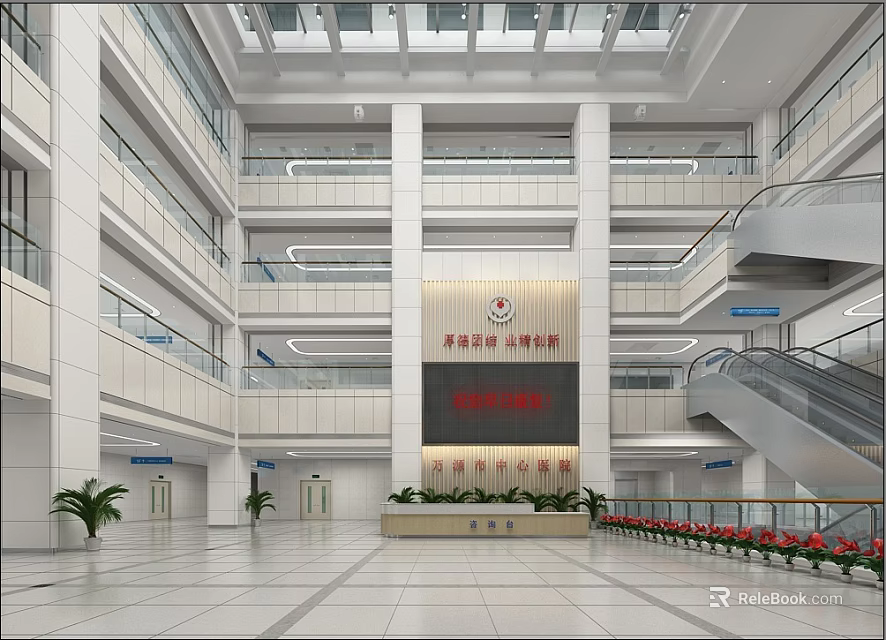 Spacious Hospital Lobby Interior With Multi floor Structure Elevators Green Plants And Digital 3d model