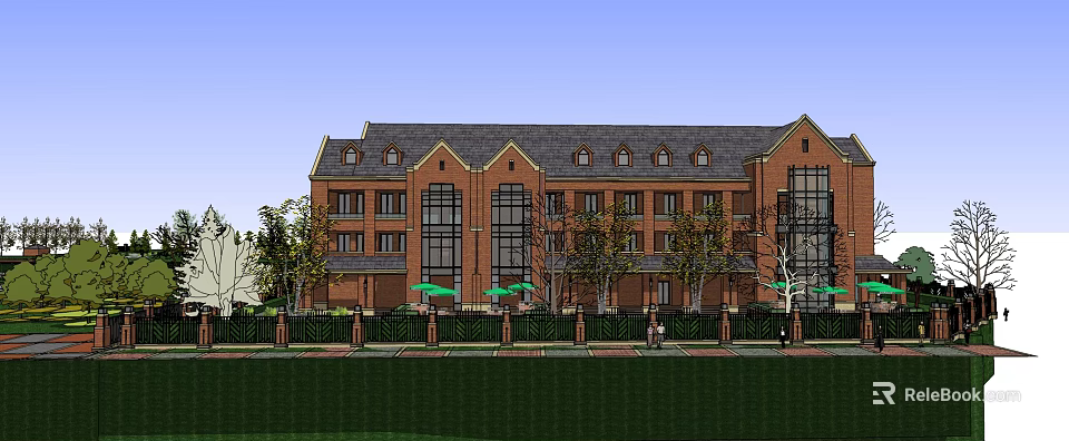 Traditional Brick Red Building Featuring Large Windows Green Lawn Trees And Umbrellas 3d model