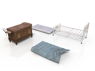 Wooden Desk Metal Bed Frame Mattress And Blue Pillow In Room Furniture Setup 3d model