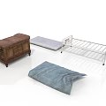 Wooden Desk Metal Bed Frame Mattress And Blue Pillow In Room Furniture Setup