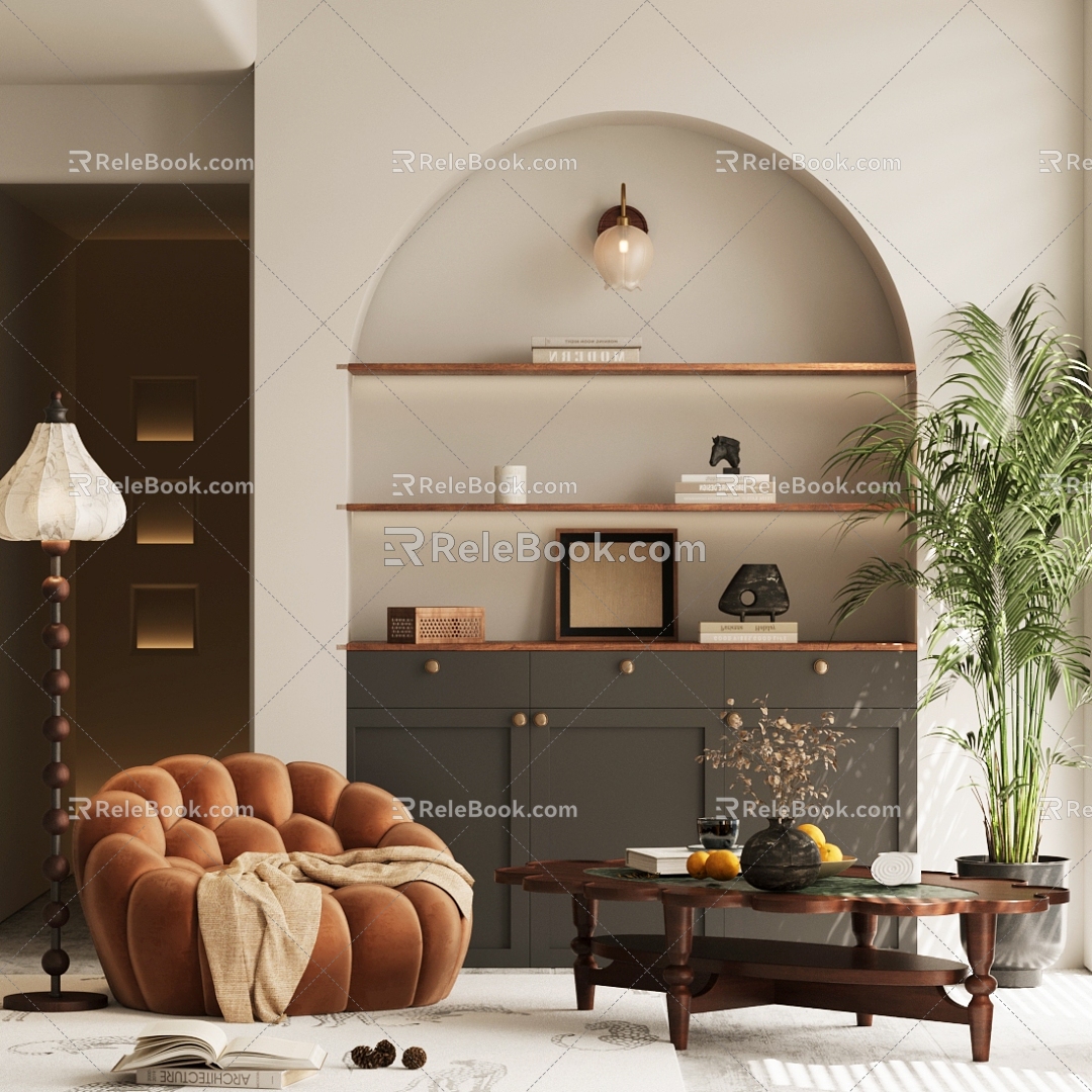 Mid-ancient Style Single Sofa Wall Cabinet Bookcase Embedded Storage Cabinet Decorative Cabinet Tea Table Lazy Sofa Mid-ancient Style Ornaments Combination 3d model