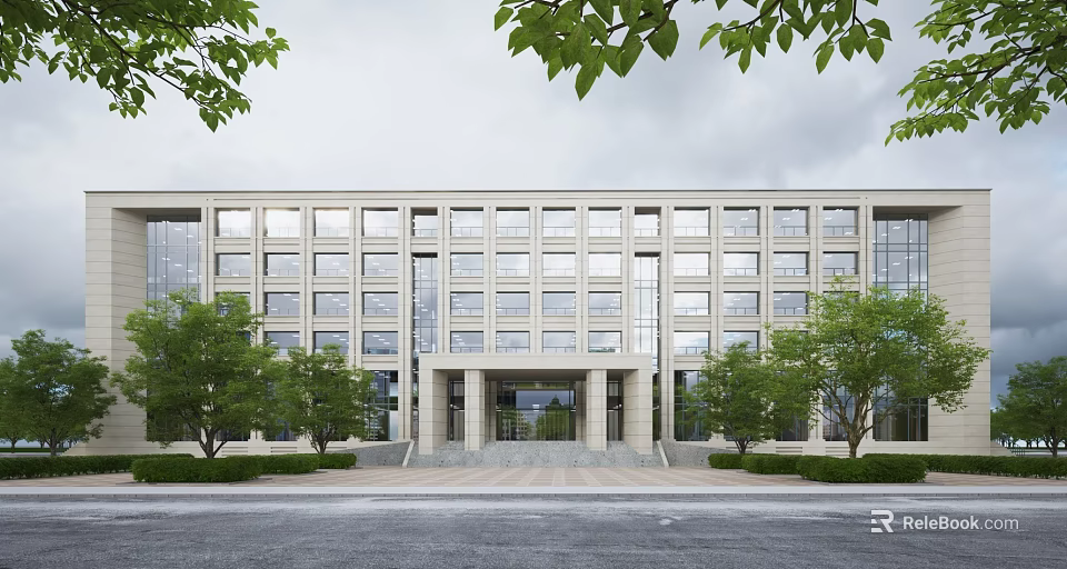 Modern Office Building Exterior With Grand Entrance Stone Steps Large Windows And Front Trees 3d model 