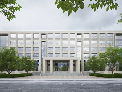 Modern Office Building Exterior With Grand Entrance Stone Steps Large Windows And Front Trees 3d model