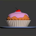 Delicious Cupcake With Pink Frosting Cherry On Top Served On Blue Plate