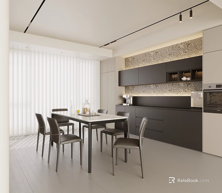Modern Restaurant Interior With White Blinds Gray Chairs Dining Table Textured Wall And Cabinets 3d model 