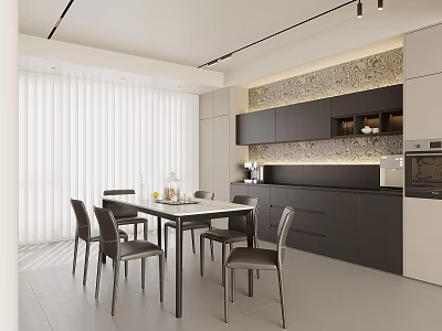 Modern Restaurant Interior With White Blinds Gray Chairs Dining Table Textured Wall And Cabinets 3d model