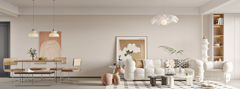Modern Living Dining Room Interior With White Sofa Artwork And Chandelier 3d model 
