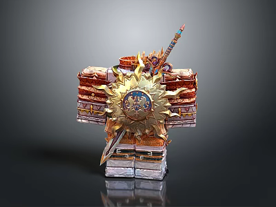 Ornate Weapon Display With Golden Sun Shield Sword And Stacked Brick Structure 3d model