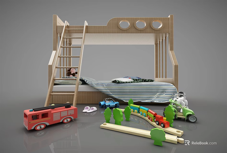 Wooden Bunk Bed with Ladder in Children's Room and Toy Cars Fire Truck Train Track 3d model 