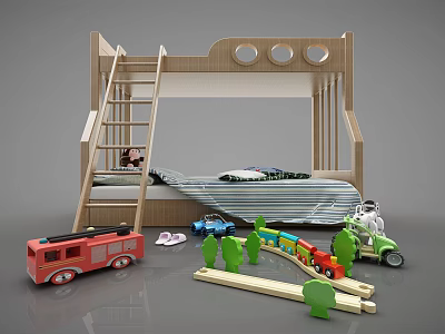 Wooden Bunk Bed with Ladder in Children's Room and Toy Cars Fire Truck Train Track 3d model