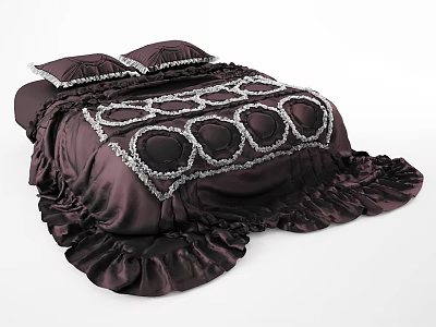 Elegant Dark Purple Double Bed With Silver Decorative Patterns And Ruffled Bedding 3d model