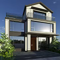 Modern Detached Villa With Large Glass Windows And Second Floor Glass Railing Balcony