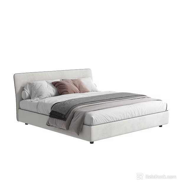 Minimalist White Double Bed With Upholstered Headboard Soft Pillows And Blanket 3d model 