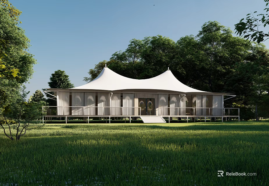 White Tent Style Hotel Building Surrounded by Green Grassland and Trees 3d model 