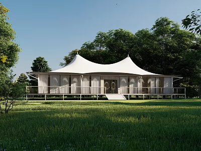 White Tent Style Hotel Building Surrounded by Green Grassland and Trees 3d model