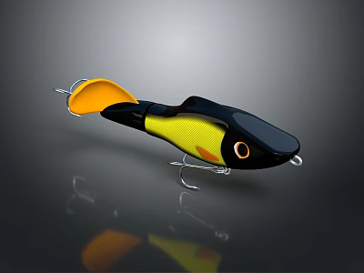 3D Rendered Shiny Fishing Lure With Yellow Black Body Orange Tail And Metal Hooks 3d model
