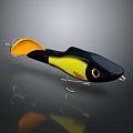 3D Rendered Shiny Fishing Lure With Yellow Black Body Orange Tail And Metal Hooks