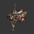 Mythical Warrior Character in Ornate Gold Red Armor with Horned Helmet and Sword