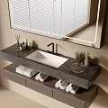 Modern Bathroom Vanity with Backlit Mirror Gray Countertop Drawers Towels and Toiletries