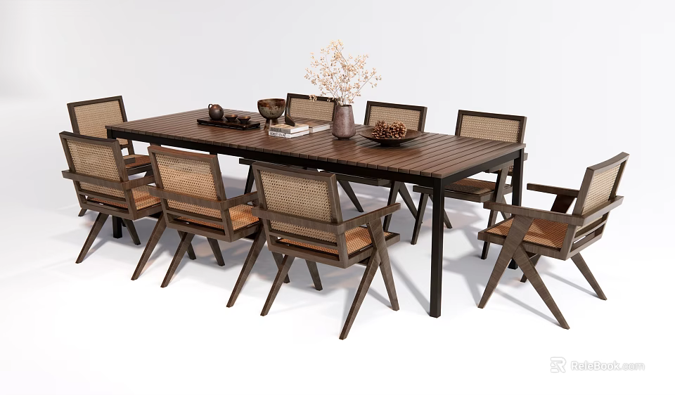 Wooden Dining Table Set With Wicker Back Chairs And Decorative Table Accessories 3d model