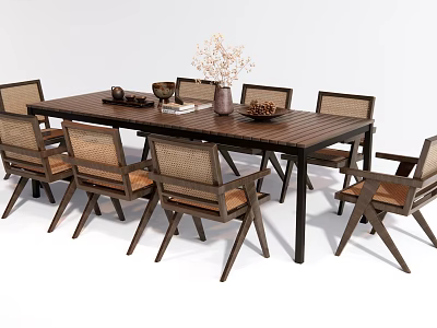 Wooden Dining Table Set With Wicker Back Chairs And Decorative Table Accessories 3d model