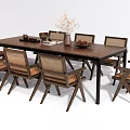 Wooden Dining Table Set With Wicker Back Chairs And Decorative Table Accessories 3d model