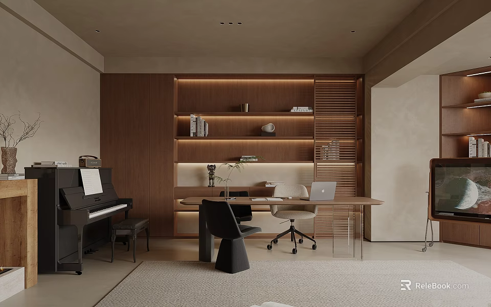 Modern Study Room Interior With Wooden Bookshelves Desk Laptop Piano And Warm Lighting Design 3d model 