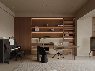 Modern Study Room Interior With Wooden Bookshelves Desk Laptop Piano And Warm Lighting Design 3d model