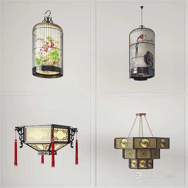 Chinese Style Birdcage Shaped Chandeliers With Traditional Patterns For Interior Decor 3d model 