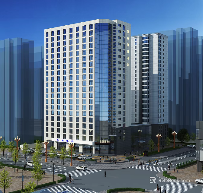 Modern Commercial Landscape With High Rise Glass Facade Building And Urban Street 3d model 