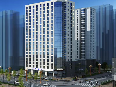Modern Commercial Landscape With High Rise Glass Facade Building And Urban Street 3d model