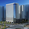 Modern Commercial Landscape With High Rise Glass Facade Building And Urban Street