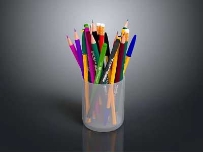 Assorted Colored Pencils Filled in Transparent Cup with Sharpened Tips and Bright Tones 3d model