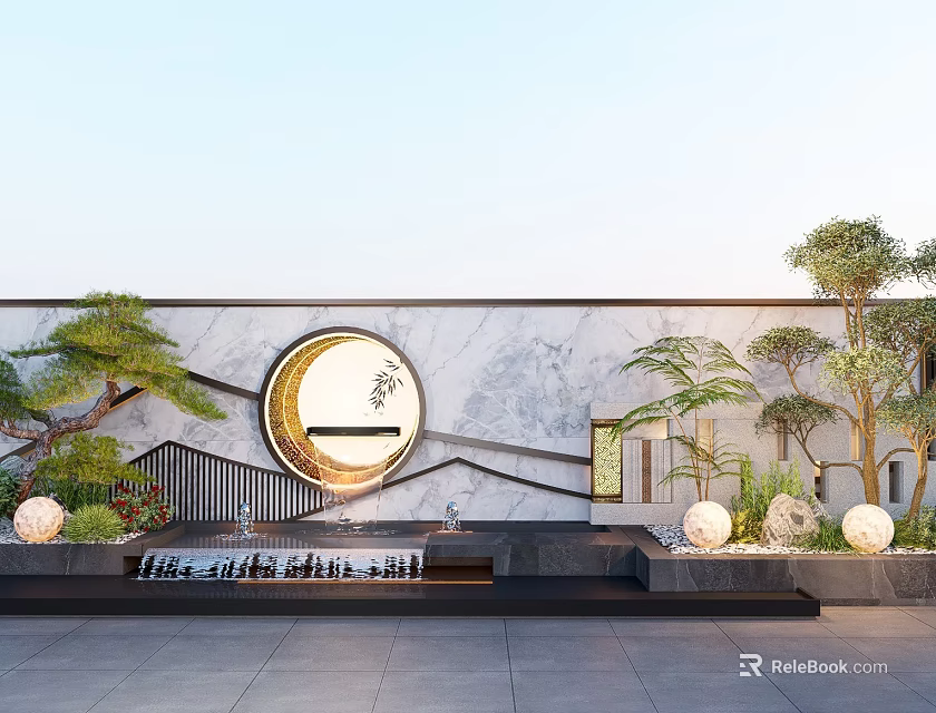 Scenic Wall Design With Circular Moon Gate Marble Surface Pine Trees And Spherical Lights 3d model 