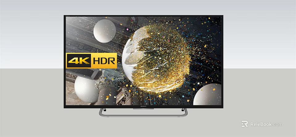 4K HDR TV Displaying Dynamic Golden Particles And White Spheres 3d model 